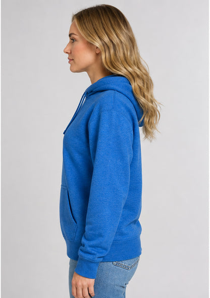 A woman in profile wearing a heather blue pullover hoodie and light blue jeans, photographed against a plain light gray studio background.